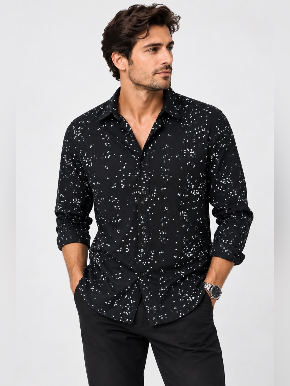 Men's Black Speckled Button-Up Shirt